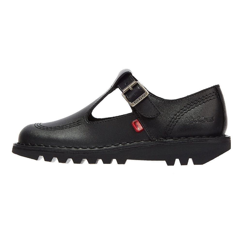 Kickers Women's T-Bar‎ Aztec Mary Jane School Shoes Black Leather Flats Size 38